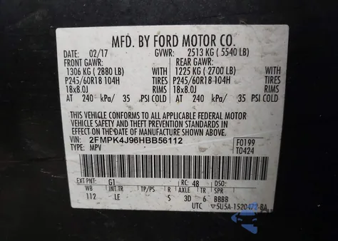 2017 Ford Edge Sel из США, поврежденный, VIN 2FMPK4J96HBB56112